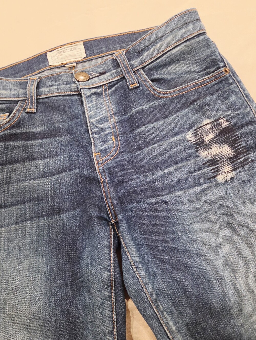 Current/Elliott The Ankle Skinny Jeans 28 Old Blue Repair Distressed Denim